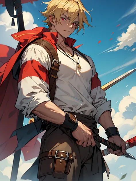 a young boy, childlike appearance, blond, with vibrant red eyes, hes low, a neutral expression, kinda lazy, wearing exotic clothes, having a gaucho style, kind of anime, being clothes a little bigger for his size. He also has a type of weapon that resemble...