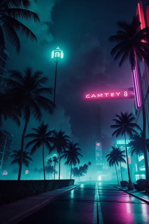 extremely detailed CG unity 8k wallpaper, masterpiece, palm tree, Miami, best quality, long shot, ghostly setting, mist, volumetric light, neon lights,