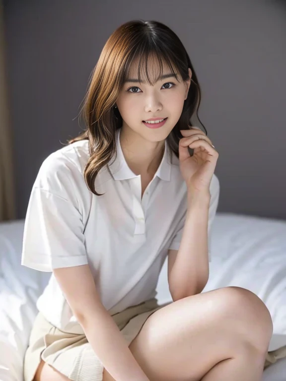 Masterpiece, Best quality:1.3), (Ultra realistic, Photo-realistic:1.2), From above, From side, Natural light, 28 years old actress, Japanese women, Neat and clean, (White tennis uniform, White short-sleeve polo shirt with darknavy line collar:1.2), (unbutt...