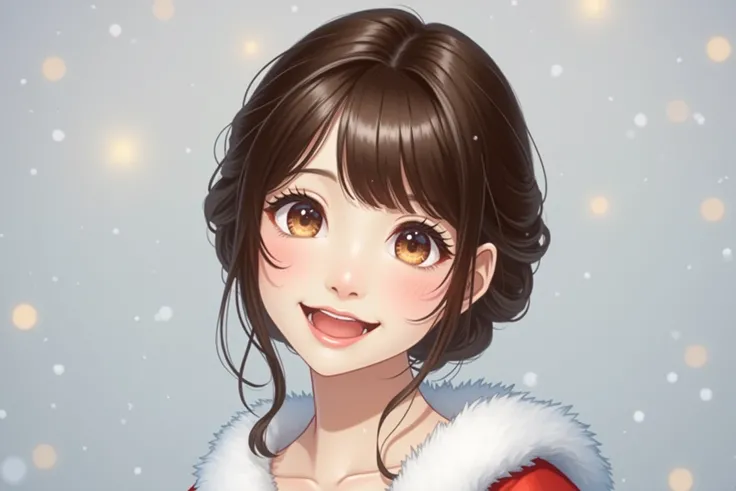 A japanese girl in santa claus costume, smile,beautiful detailed eyes, droppy eyes,beautiful detailed lips, extremely detailed face and hair, long eyelashes, intricate detailed fabric textures, santa hat, christmas lights, snowy winter background, (best qu...