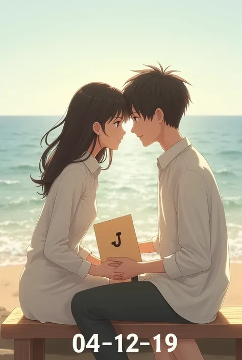 A boy and a girl sitting on a bench with the sea in the background wearing white shirts and the boy with a letter (It is) he/she with a letter (J) and below the numbers 04-12-19