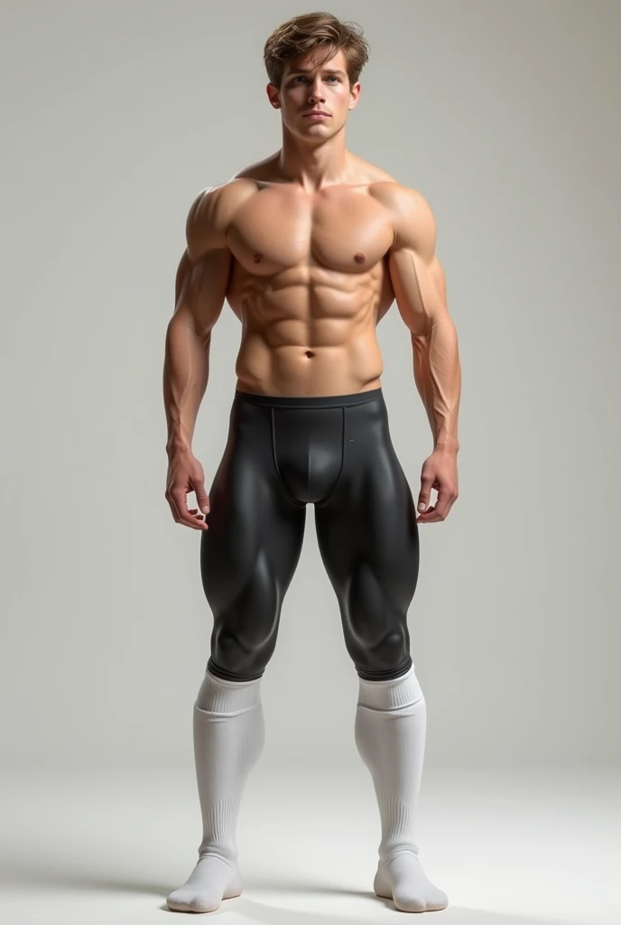 A tall teenager, white, rubio, who has an unworked torso and thin arms but who has super muscular legs that are so big that he has to wear spandex pants and white soccer socks that reach above his knee to highlight his muscular thighs. 