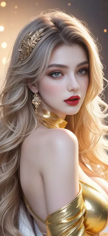 Full body portrait of a beautiful ethereal woman, her very long gold hair cascading down in soft waves, framing a face of extreme detail and elegance. Her eyes, big and colorful, boast three gradient silver shades of eyeshadow and eyeliner, accentuating he...