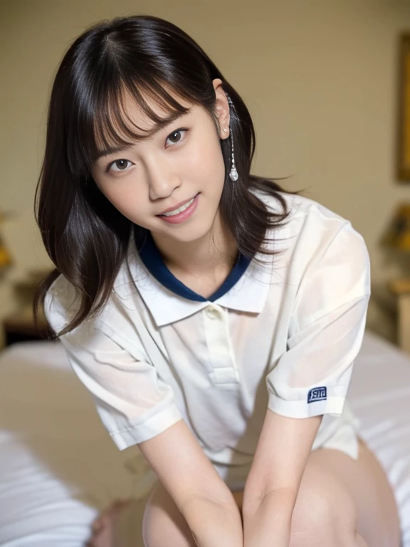 (Masterpiece, Best quality:1.3), (Ultra realistic, Photo-realistic:1.2), From above, From side, Natural light, 28 years old actress, Japanese women, Neat and clean, (White tennis uniform, White short-sleeve polo shirt with darknavy line collar:1.2), (unbut...