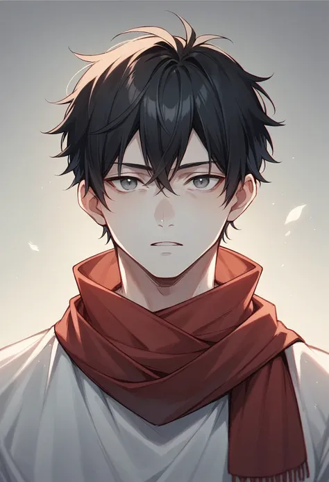 anime boy, black hair, gray eyes, white skin, dark photo, red scarf 