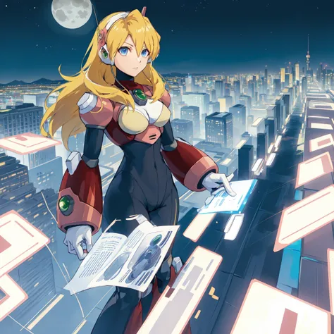 alia_megamanx, 1girl, solo, breasts, blue eyes, blonde hair, android, long hair, robot ears, high quality, masterpiece, standing on a moonlit background with city in sky background