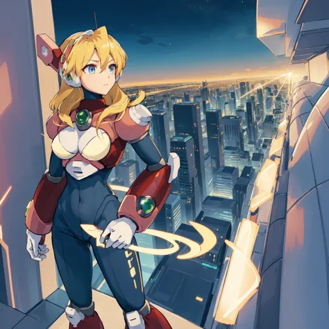 alia_megamanx, 1girl, solo, breasts, blue eyes, blonde hair, android, long hair, robot ears, high quality, masterpiece, standing on a moonlit background with city in sky background