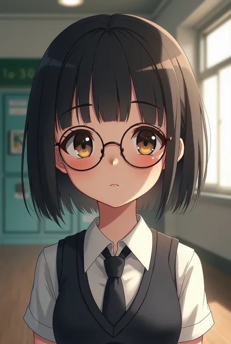 high school girl、Wearing glasses。Short stature、Hair length is bob