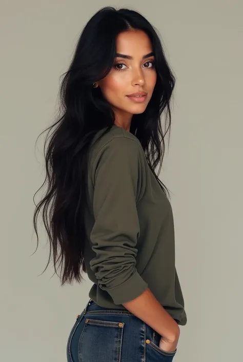 A full-body portrait of a woman with long, flowing black hair and dark brown eyes. She stands confidently, her posture relaxed yet poised. Her hair cascades down her back, complementing her graceful silhouette. She is dressed in casual yet elegant attire t...