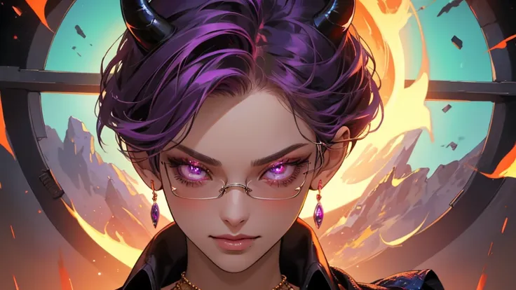 8k, masterpiece, best quality, highly detailed, 1 girl, tiefling, warlock, pixie cut, multicolored hair, very short straight hair red highlight hair on white hair, strippled hair, wearing glasses, round glasses, earrings, navel piercing, red eyeshadow, lon...