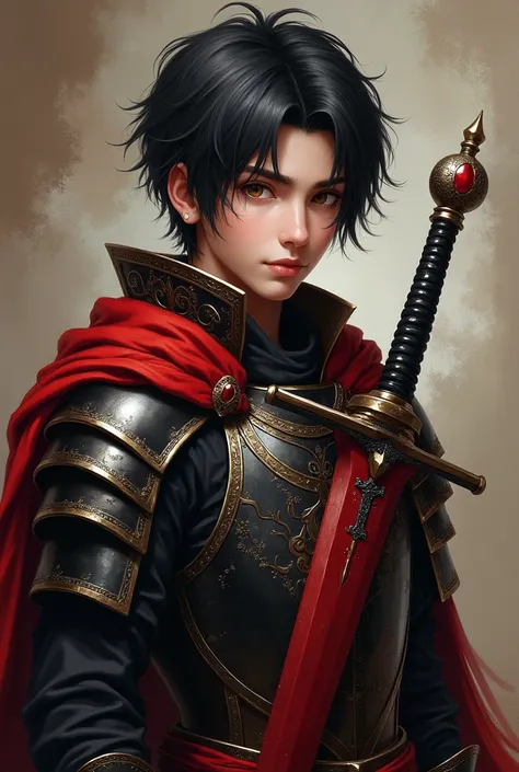 Olive skin, Short black hair, young man, brown eyes, Antiquity, black blood red armor, black and blood red decorated sword, アニメ 