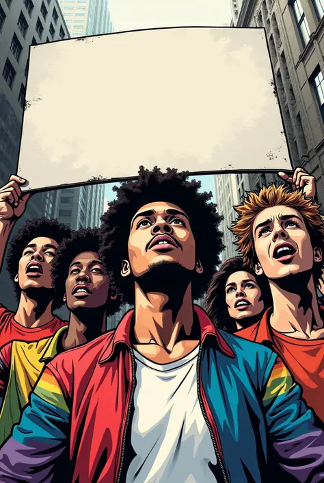 A striking, hyper-realistic pop art illustration in monochrome, with bursts of vivid color, features a diverse group of LGBTQ+ individuals from various ethnic backgrounds passionately protesting for equal human rights and diversity. The bold, angular shape...