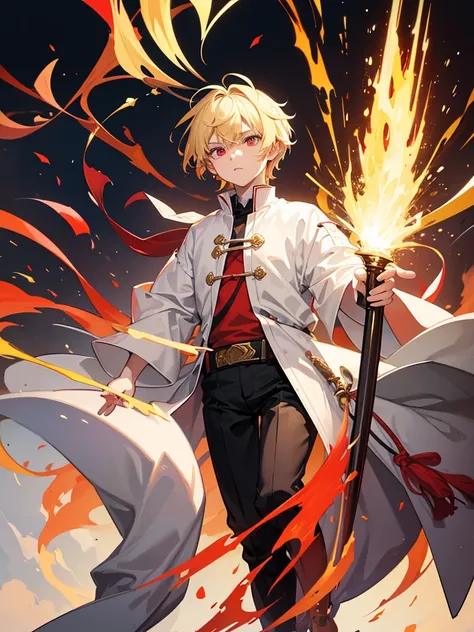 A young blond boy, childs appearance, with vibrant red eyes, hes low, a neutral expression, half bored and innocent eyes, wearing exotic clothes, having a gaucho style, kind of anime, being clothes a little bigger for his size. He also has a type of weapon...