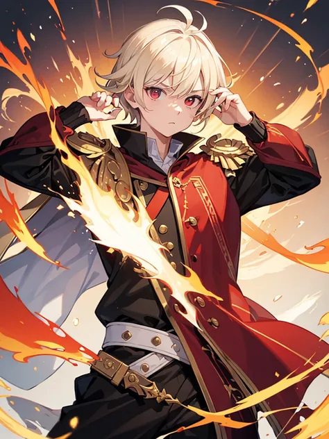 A young blond boy, childs appearance, with vibrant red eyes, hes low, a neutral expression, half bored and innocent eyes, wearing exotic clothes, having a gaucho style, kind of anime, being clothes a little bigger for his size. He also has a type of weapon...