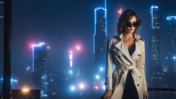 (Hyper-realistic photograph:1.4), Captivating scene under the rain at night on a rooftop, a sexy slim woman, large breast cleavage, with short brown hair, three-quarters view, Black trench coat, (black sunglasses, holding a short gun), with a dark rainy ci...