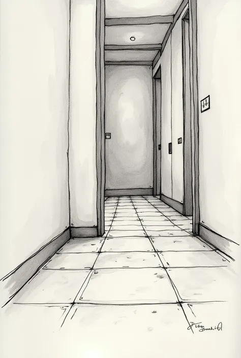 sketchbooks 스타일, sketchbooks, hand drawn, Realistic sketch, rough sketch, A mix of thick dark lines and loose lines, thick line, On paper, tile floor, 물이 흥건한 tile floor