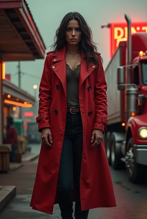 Trucker Woman in red Trenchcoat 