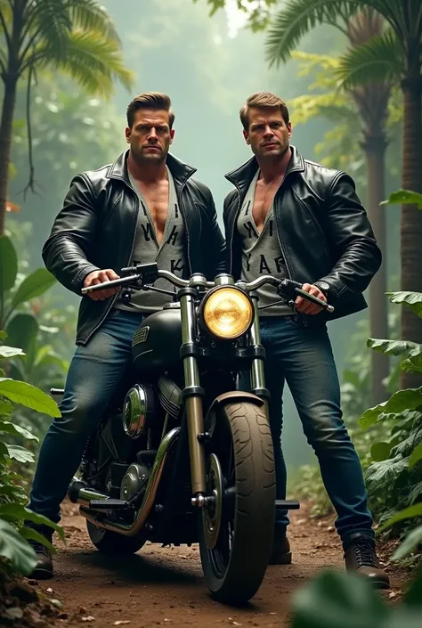 Big giant body builder men wearing black leather jacket on unbuttoned grey shirt with alphabet prints on heavy motor bike in jungle 