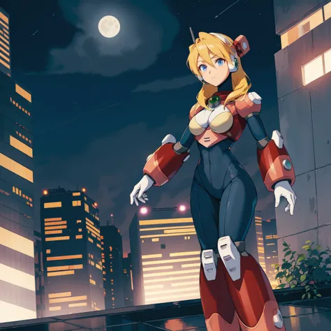 alia_megamanx, 1girl, solo, breasts, blue eyes, blonde hair, android, long hair, robot ears, high quality, masterpiece, standing on a moonlit background with city in sky background