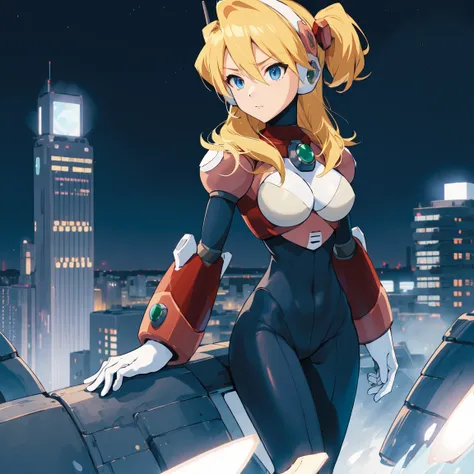 alia_megamanx, 1girl, solo, breasts, blue eyes, blonde hair, android, long hair, robot ears, high quality, masterpiece, standing on a moonlit background with city in sky background