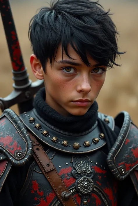 Olive skin, Short black hair, young man, brutal appearance, brown eyes, Antiquity, black blood red armor, black and blood red decorated sword, アニメ