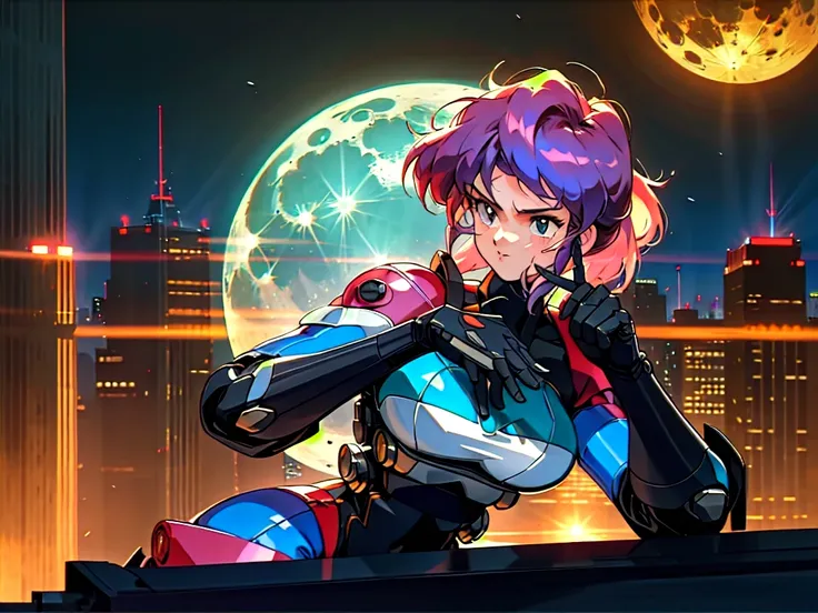 Kenichi Sonoda, retro art-style, bubblegum crisis, Sci-fi, Cyberpunk, Neon, Dystopia, (On a full moon night, on the rooftop of a high-rise building, a figure is seen wearing a metal hard suit that covers the whole body from head to toe. It is made up of cu...