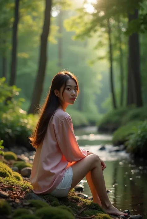 Create 64k photos of a tranquil forest scene at dusk. The forest is bathed in soft, gentle light. There are tall ancient trees. The leaves have a sparkling emerald green color. Low angle portrait. A young woman with a beautiful Thai-Chinese face. ((sexly))...