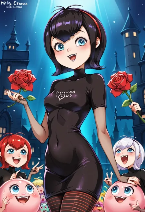 (mavis de hotel transylvania), mavis a les pupilles roses, des petits coeurs au dessus de la tête, de gros seins, les genoux à t...