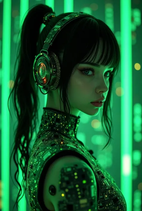 Size 1242x2688 pixels，Cyberpunk，Mechanical style，3d，，一个未来科技Mechanical style的女孩头像，Behind it is the future technology network code input，The girl character is fluorescent green。Clothes with circuit board design。Dark Moody，Mandala composition andala，highly，Ci...