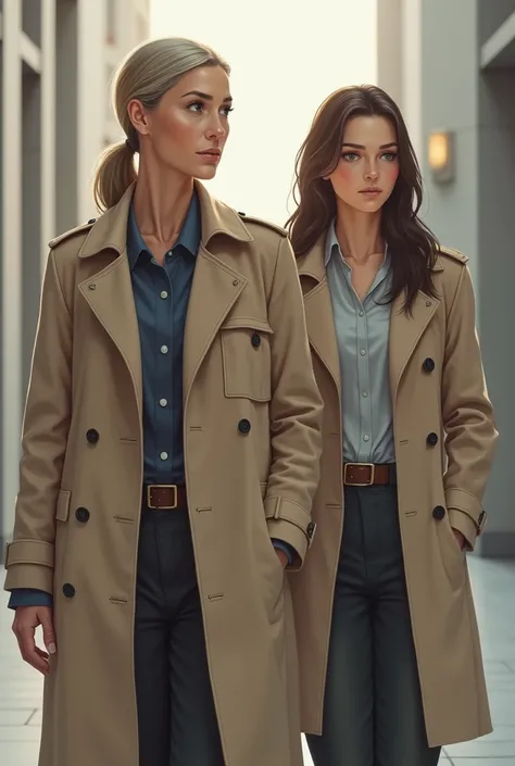 50 year Old Doktor Woman in beige Trenchcoat with her Assistentin 17 years old in Trenchcoat 