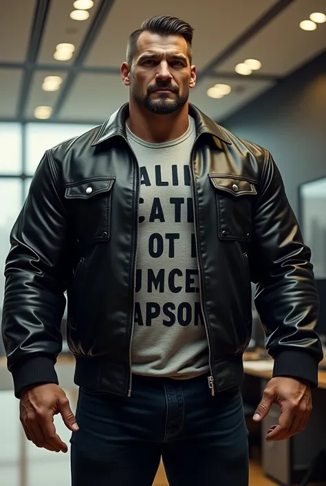 Big giant body builder men wearing black leather jacket on unbuttoned grey shirt with alphabet prints in office