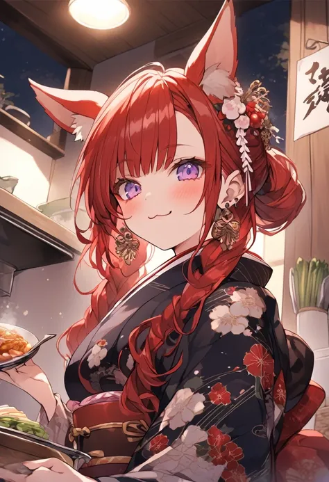 red, Cute older sister、30 years old、 Full make-up、Earrings，red, Animal ears, tattoo，Japan，Home、kitchen、From below、:3、night、Fly horse mackerel、dinner、