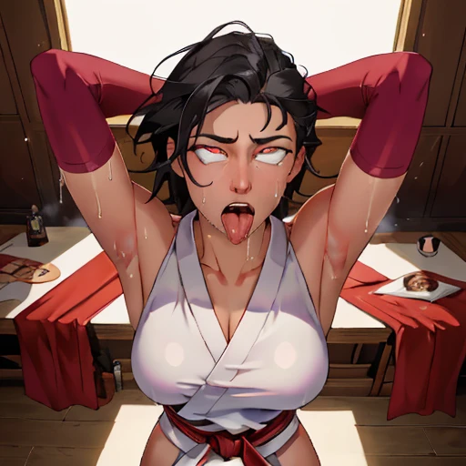 ((((masterpiece, best quality, high resolution)))), Extremely detailed 8K, 1 female, wearing a white Karate gi, (ahegao),white eyes, Small breasts, sash, japanese clothes,  No underwear,No eyeballs, Facing the audience, looking at the audience, tired, from...