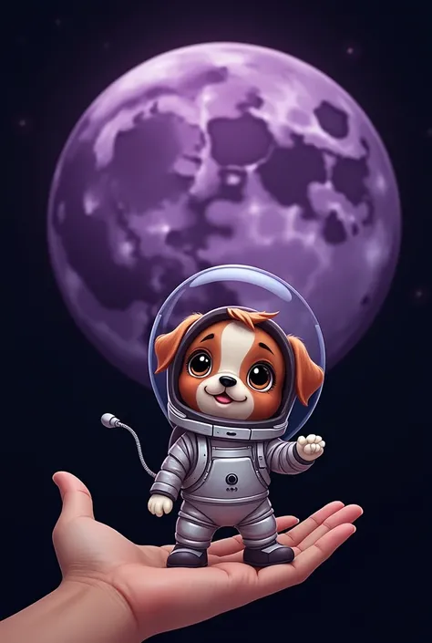 An adorable little dog wearing a shiny astronaut suit with a transparent helmet, meeting serves Kamala Harris hand above a stylized purple moon. The moon has craters and textures, and the background is a deep black, creating a contrast that makes both the ...