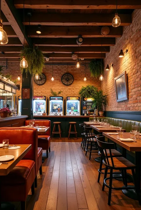 Generate a realistic gastro barcade pub using earthy tones of motifs for furnitures and natural decor elements that enhances the pubs rustic charms. Use rich red or orange accents for seats/wall decors/ or lighting to create focal points without overwhelmi...