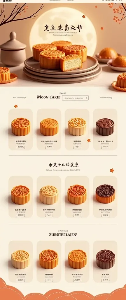 Generate an e-commerce store homepage，Products are mainly moon cakes，Stroke style color matching