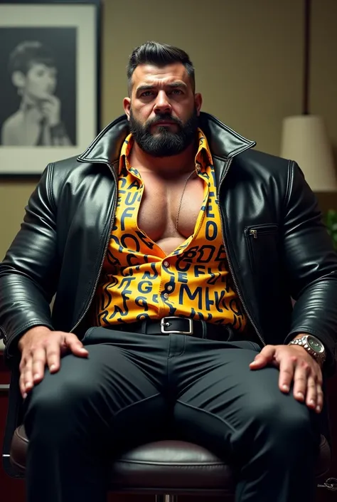 Big giant body builder men wearing black leather jacket on unbuttoned multi colored dressshirt with alphabet prints in office on chair 