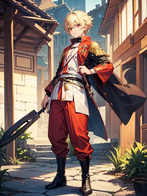 a young boy, childlike appearance, blond, with vibrant red eyes, hes low, a neutral expression, kinda lazy, wearing exotic clothes, having a gaucho style, kind of anime, being clothes a little bigger for his size, having big boots. He also has a type of we...