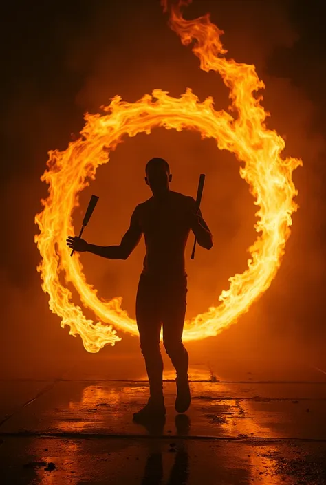 The silhouette of the flames makes the twirling baton visible.