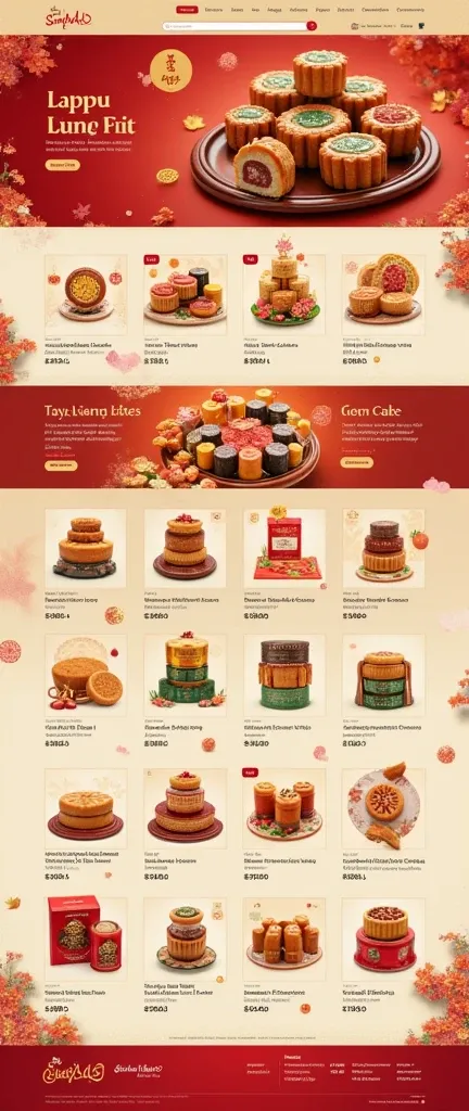 Generate an e-commerce store homepage，Chinese e-commerce style，Taobao，JDM，Tmall，Products are mainly moon cakes，Chinese style color matching