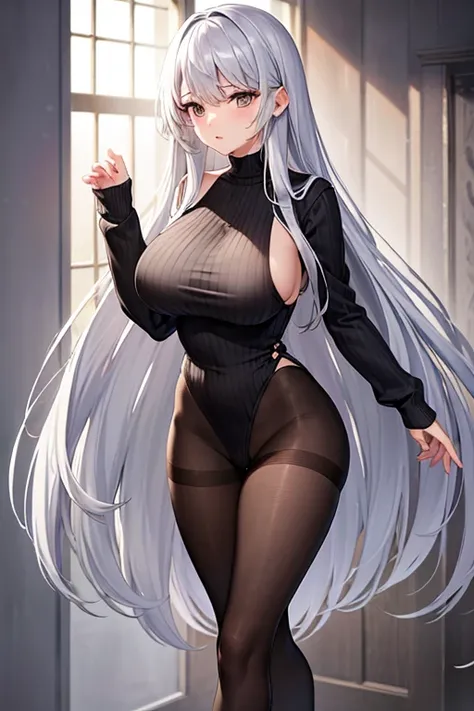 Big Breasts、long hair、Silver Hair、No sleeve、Vertical knitwear、Black Pantyhose、Long, slender legs、Emphasize the chest、whole body、High resolution、masterpiece、Highest quality、High-resolution model