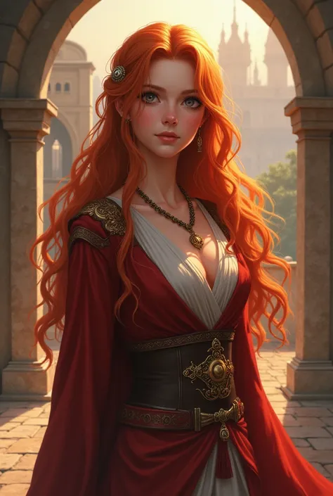 Long golden red hair, good looking, female mage, young woman, Antiquity, Antiquity Stadt im Hintergrund, Anime Style