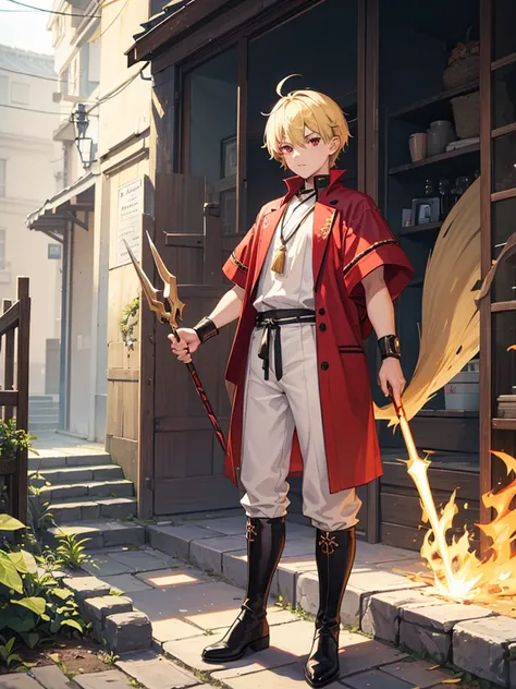 a young boy, childlike appearance, blond, with vibrant red eyes, hes low, a neutral expression, kinda lazy, wearing exotic clothes, having a gaucho style, kind of anime, being clothes a little bigger for his size, having big boots. He also has a type of we...