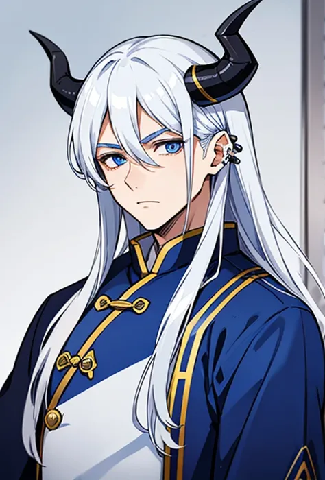 A young-looking man with long silver hair, blue-white horns on his head and piercing deep blue eyes. Dressed in a traditional-looking Chinese suit that was completely white.