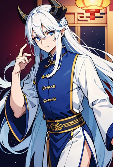 A young-looking man with long silver hair, blue-white horns on his head and piercing deep blue eyes. Dressed in a traditional-looking Chinese suit that was completely white.