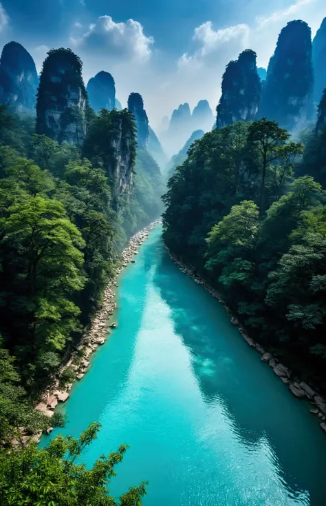 the stream water is turquoise and clear，behind is the stone mountain of zhangjiajie,clouds and mist