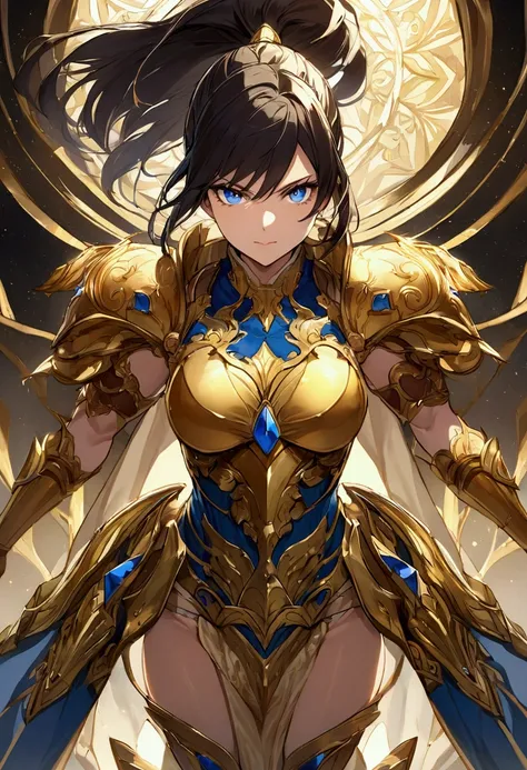 Create a high-resolution anime-style illustration of a strong and beautiful female warrior with an athletic build. She should have a confident expression, with her dark hair tied in a high ponytail, and piercing blue eyes. Her outfit consists of intricate,...