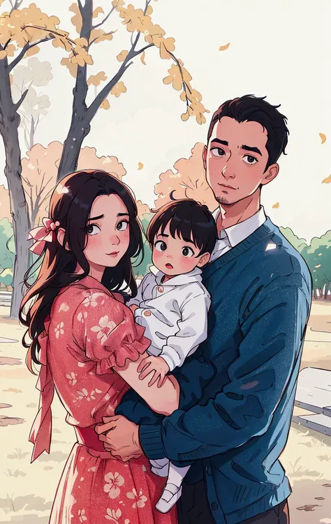 (best quality:0.8) perfect anime illustration, a man and woman holding a baby in a park, portrait of family of three, husband wife and son, family portrait, happy family, family photography, family photo, portra 8 0 0 ”, bryan sola, full protrait, by Sara ...