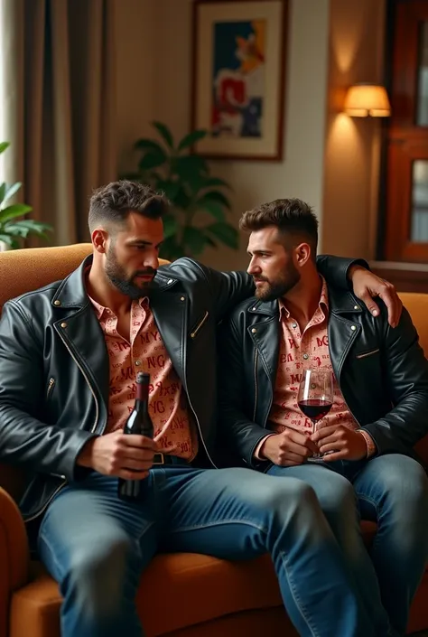 Big giant body builder men wearing black leather jacket on unbuttoned multi colored dress shirt with alphabet prints at home on sofa bottle of wine in hand 