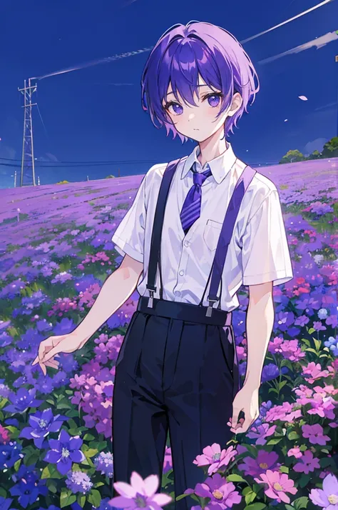 Blue Sky Day、Standing in a purple flower field、With short purple hair、White shirt, black suspenders and black trousers、Boy with purple tie